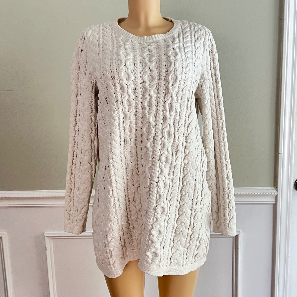 J. Jill Cable Knit  Fisherman Sweater Sz M Cream Ivory Tunic Long Sleeve Cozy
